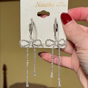 New Natasha Couture Silver CZ Dangle Bow Earrings